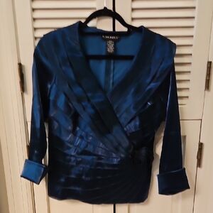 Cachet Satin Blue Blouse with Rose Detail
